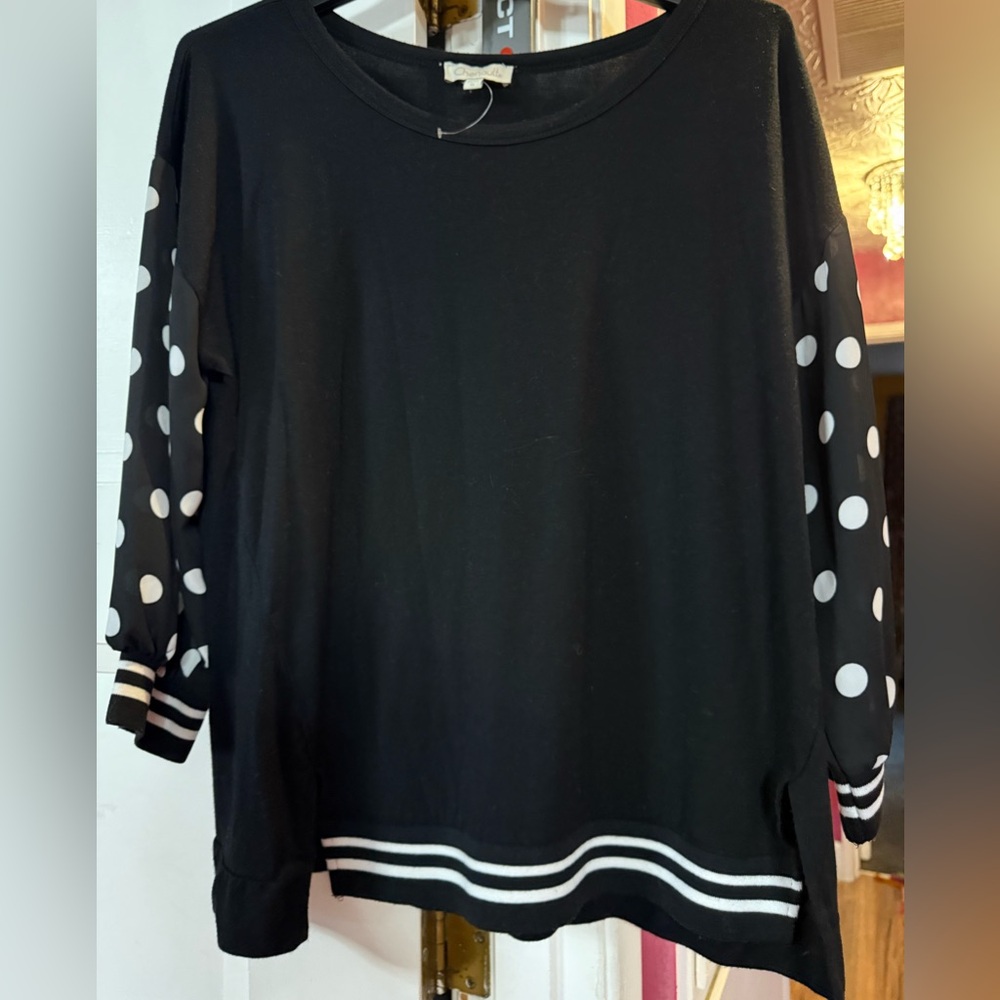 Chenault Black Pullover Sweatshirt with White Polka Dot Sleeves